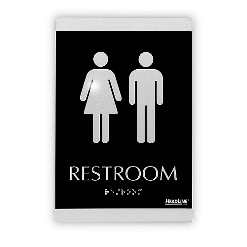 Headline Century Series Office Sign, Men/Women Restroom, 6 x 9, Black/Silver (4249)