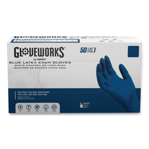 GloveWorks by AMMEX Blue Latex Exam Gloves, Powder-Free, Large, 50