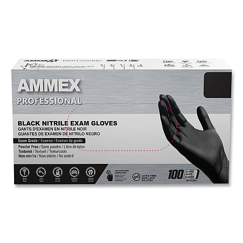 AMMEX Professional Nitrile Exam Gloves, Powder-Free, 3 mil, X-Large, Black, 100/Box, 10 Boxes/Carton (ABNPF48100CT)