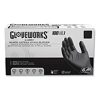 GloveWorks by AMMEX Nitrile Exam Gloves, Powder-Free, 6 mil, Large, Black, 100 Gloves/Box, 10 Boxes/Carton (GWBEN46100CT)