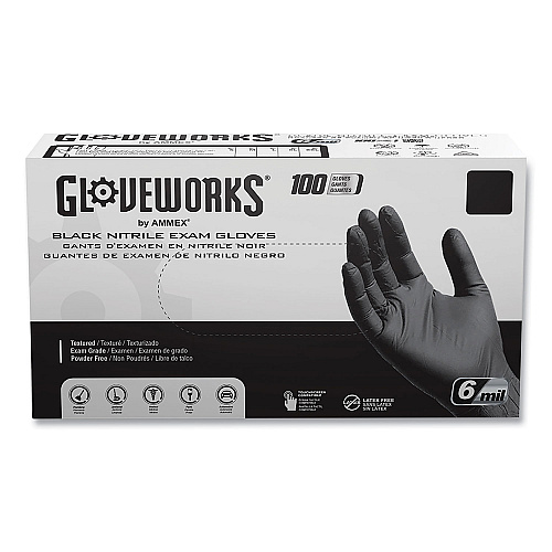 GloveWorks by AMMEX Nitrile Exam Gloves, Powder-Free, 6 mil, Large, Black, 100 Gloves/Box, 10 Boxes/Carton (GWBEN46100CT)