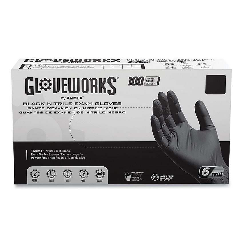 GloveWorks by AMMEX Nitrile Exam Gloves, Powder-Free, 6 mil, Medium, Black 100 Gloves/Box, 10 Boxes/Carton (GWBEN44100CT)