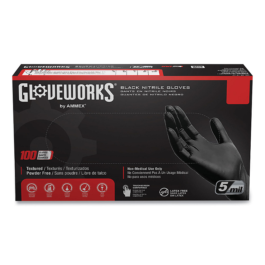 GloveWorks by AMMEX Industrial Nitrile Gloves, Powder-Free, 5 mil, Medium, Black, 100/Box, 10/Carton (GPNB44100)