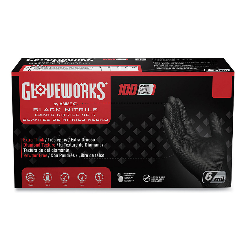GloveWorks by AMMEX Heavy-Duty Industrial Nitrile Gloves, Powder-Free, 6 mil, X-Large, Black, 100 Gloves/Box, 10 Boxes/Carton (GWBN48100)