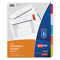 Avery Insertable Dividers w/Single Pockets, 5-Tab, 11.25 x 9.13, White, 1 Set (11270)