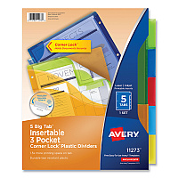 Avery Insertable Big Tab Plastic Three-Pocket Corner Lock Dividers, 5-Tab, 11.13 x 9.25, Assorted, 1 Set (11273)