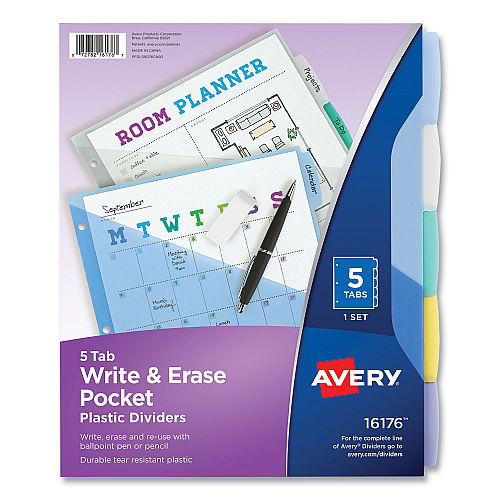 Avery Write and Erase Durable Plastic Dividers with Slash Pocket, 3-Hold Punched, 5-Tab, 11.13 x 9.25, Assorted, 1 Set (16176)