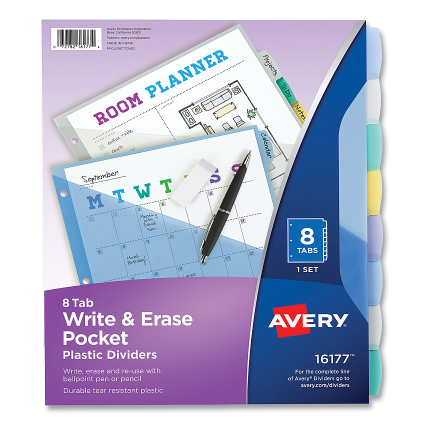 Avery Write and Erase Durable Plastic Dividers with Slash Pocket, 3-Hold Punched, 8-Tab, 11.13 x 9.25, Assorted, 1 Set (16177)