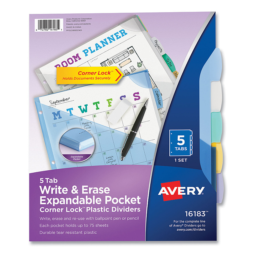 Avery Write and Erase Big Tab Durable Plastic Dividers, Expandable Pocket, 3-Hole Punched, 5-Tab, 11 x 8.5, Assorted, 1 Set (16183)