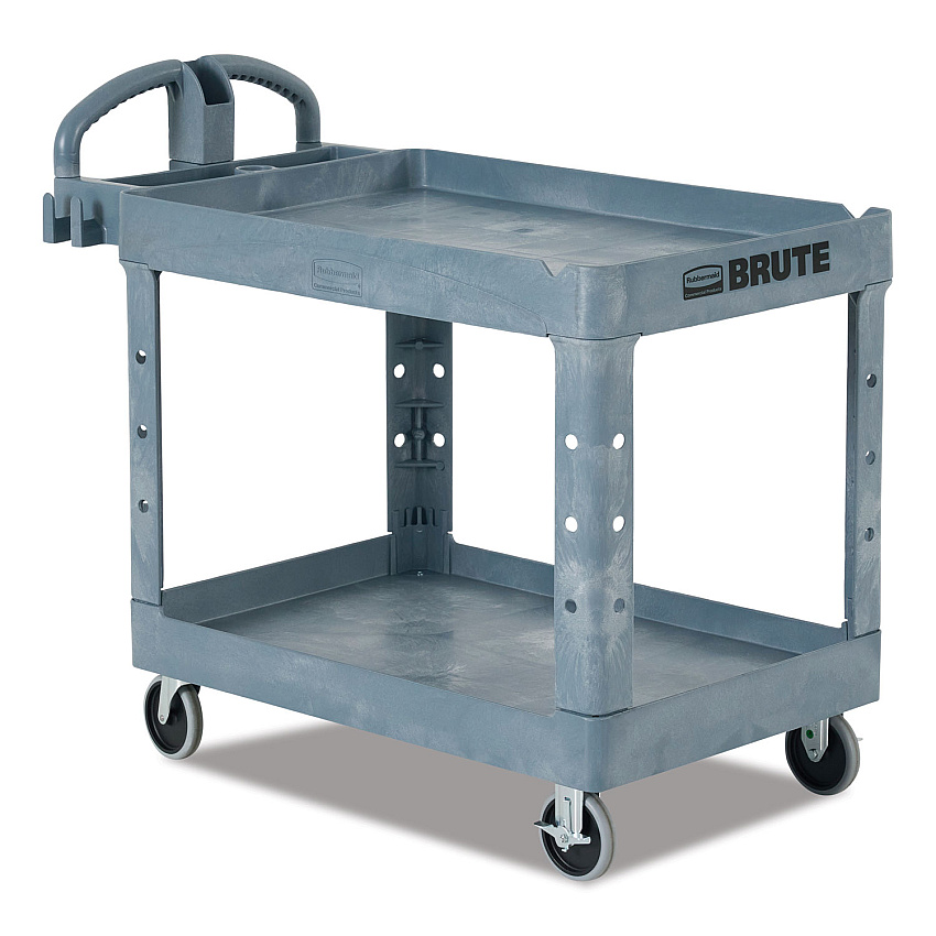 Rubbermaid Commercial BRUTE Heavy-Duty Ergo Handle Utility Cart, Plastic, 2 Shelves, 750 lb Capacity, 26" x 55" x 33.25", Gray (2192463)