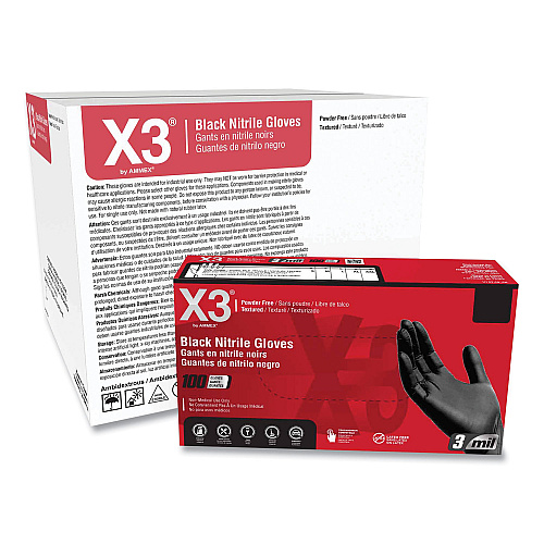 X3 by AMMEX Industrial Nitrile Gloves, Powder-Free, 3 mil, X-Large, Black, 100/Box, 10 Boxes/Carton (BX348100)