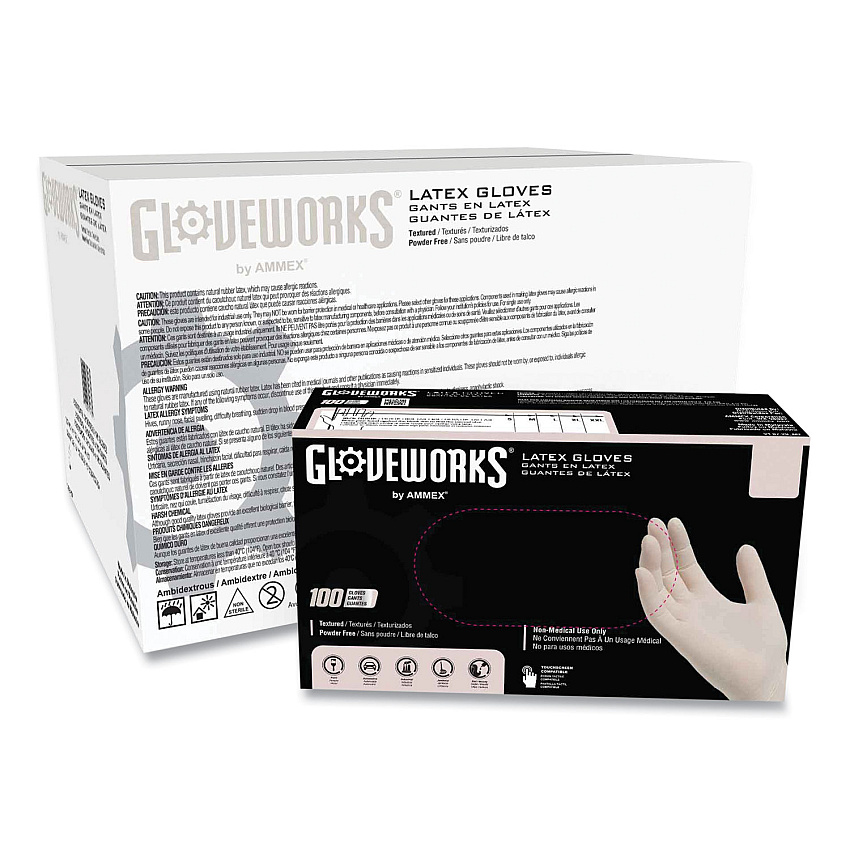 GloveWorks by AMMEX Latex Disposable Gloves, Powder-Free, 4 mil, Small, Ivory, 100 Gloves/Box, 10 Boxes/Carton (TLF42100)