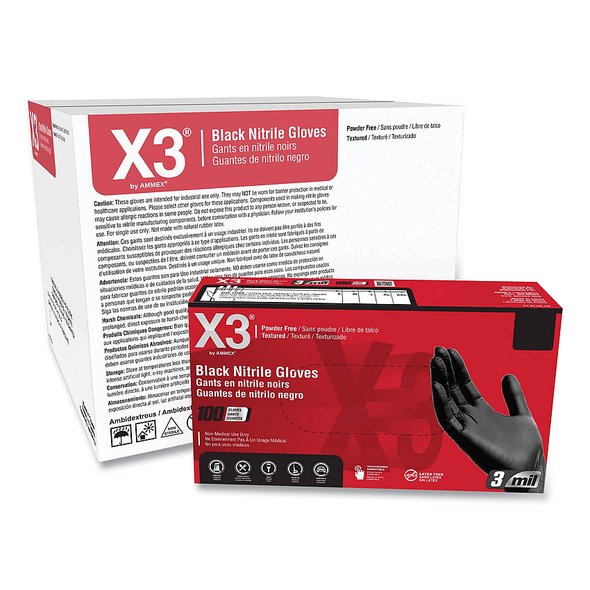 X3 by AMMEX Industrial Nitrile Gloves, Powder-Free, 3 mil, Medium, Black, 100/Box, 10 Boxes/Carton (BX344100)