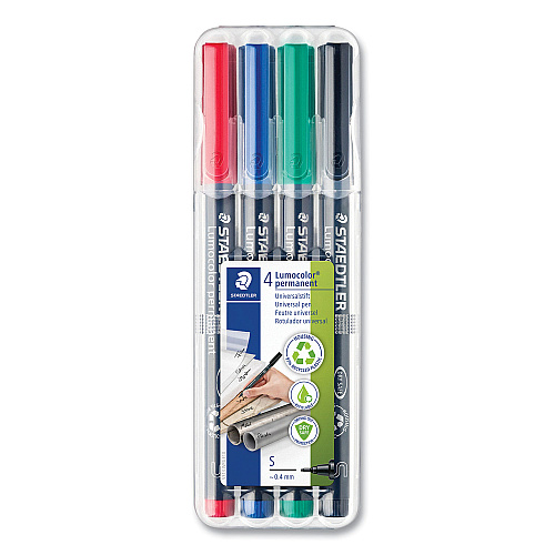 Staedtler Lumocolor Permanent Marker Pen, Porous Point, Extra-Fine, 0.4 mm, Assorted Ink Colors/Barrel, 4/Pack (313WP4)