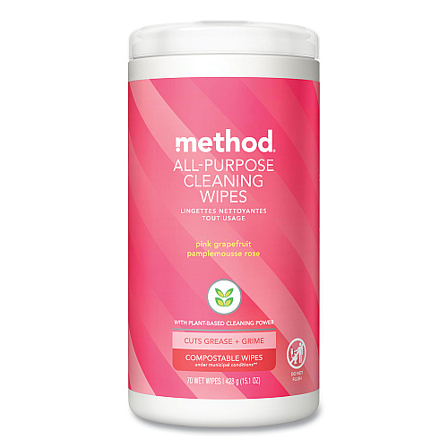 Method All Purpose Cleaning Wipes, 1 Ply, Pink Grapefruit, White, 70/Canister, 6/Carton (338527)