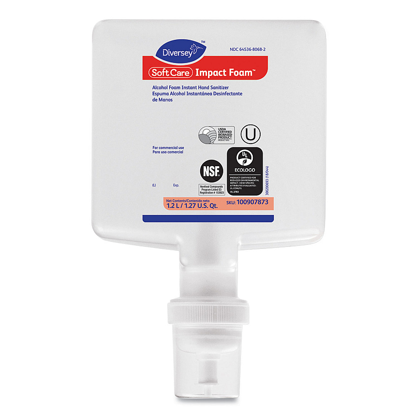 Diversey Soft Care Impact Foam Hand Sanitizer for IntelliCare Dispensers, 1,200 mL Cartridge, Alcohol Scent, 6/Carton (100907873)