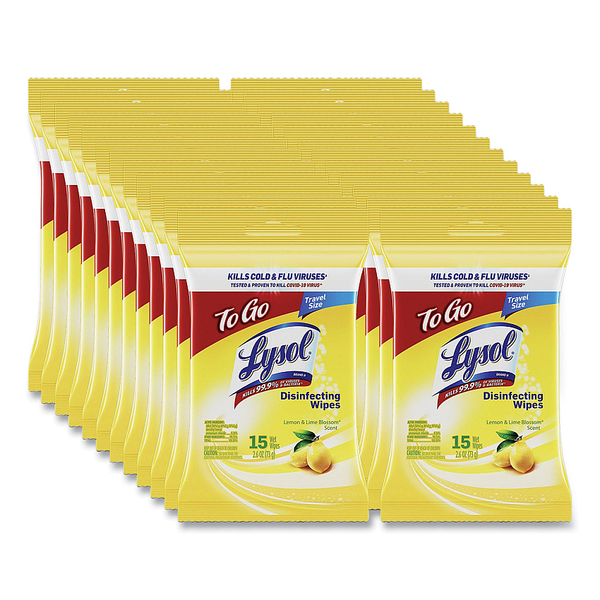 LYSOL Disinfecting Wipes Flatpacks, 1-Ply, 6.69 x 7.87, Lemon and Lime Blossom, White, 15 Wipes/Flat Pack, 24 Flat Packs/Carton (99799CT)