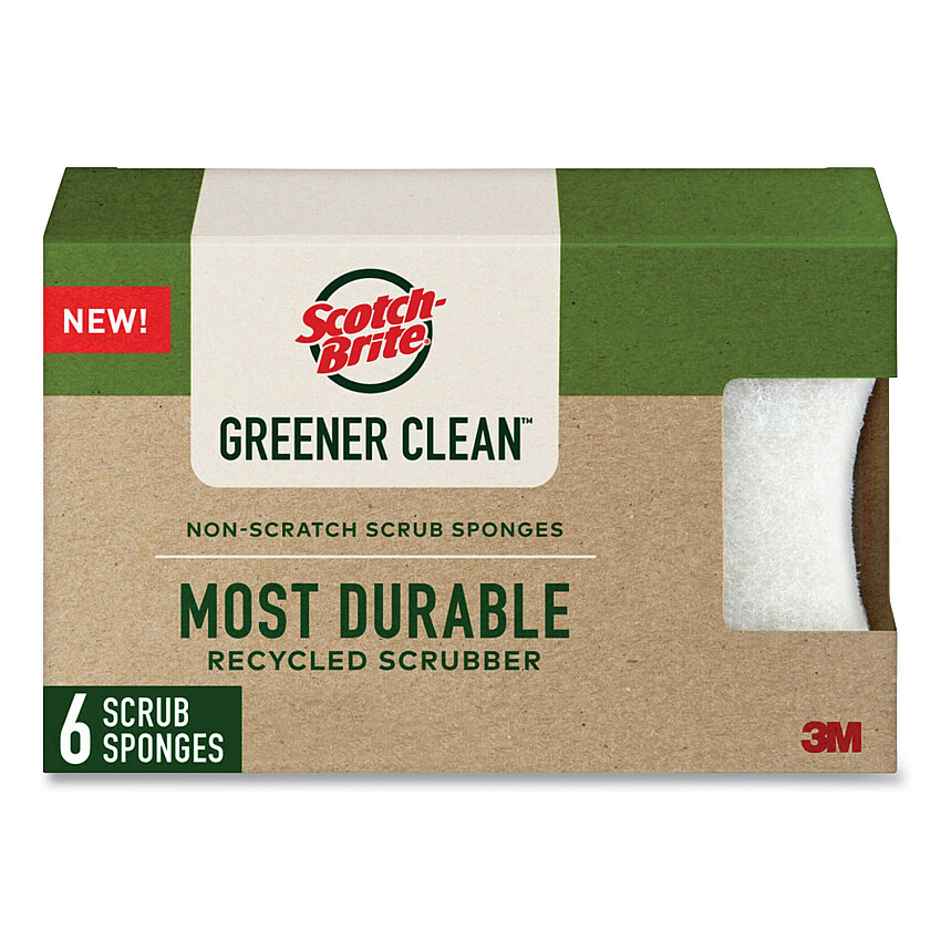 Scotch-Brite Greener Clean Non-Scratch Scrub Sponge, 2.6 x 3.3, 0.7" Thick, White, 6/Pack (97036UG)
