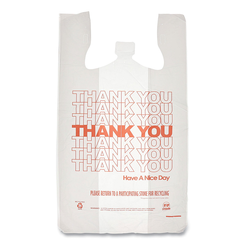 AmerCareRoyal Thank You Bags, Thank You - Have a Nice Day Labeling, Cut-Out Handles, 13" x 23" x 23", White/Red, 1,000/Carton (RPTYB6FS)