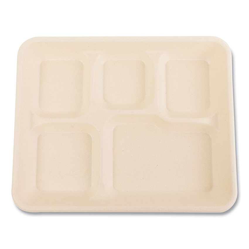 Boardwalk&reg; Bagasse Food Tray, 5-Comp, 8.26 x 10.9, White, 500/CT (BWKTRAY128NPFA)