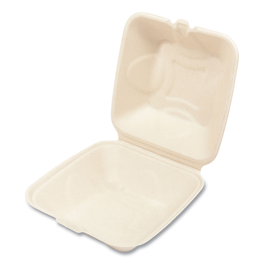 Boardwalk&reg; Bagasse Food Containers, 1-Comp, 6 x 6, White, 500/CT (BWKHINGE66NPFA)