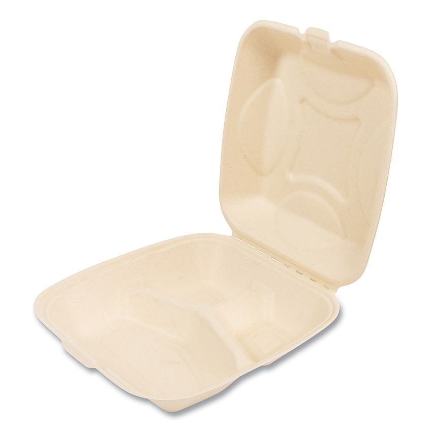 Boardwalk&reg; Bagasse Food Containers, 3-Comp, 9 x 9, White, 200/CT (BWKHNGE3C9NPFA)