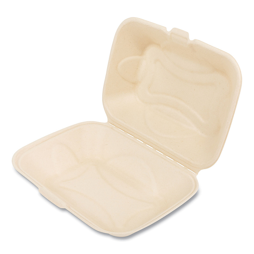 Boardwalk&reg; Bagasse Hinged Lid Containers, 1-Comp, White, 250/CT (BWKHINGE96NPFA)