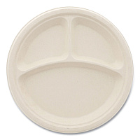Boardwalk&reg; Bagasse Plate, 10" dia, 3-Compartment, White, 500/CT (BWKPLT3C10NPFA)