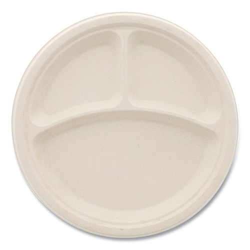 Boardwalk&reg; Bagasse Plate, 10" dia, 3-Compartment, White, 500/CT (BWKPLT3C10NPFA)