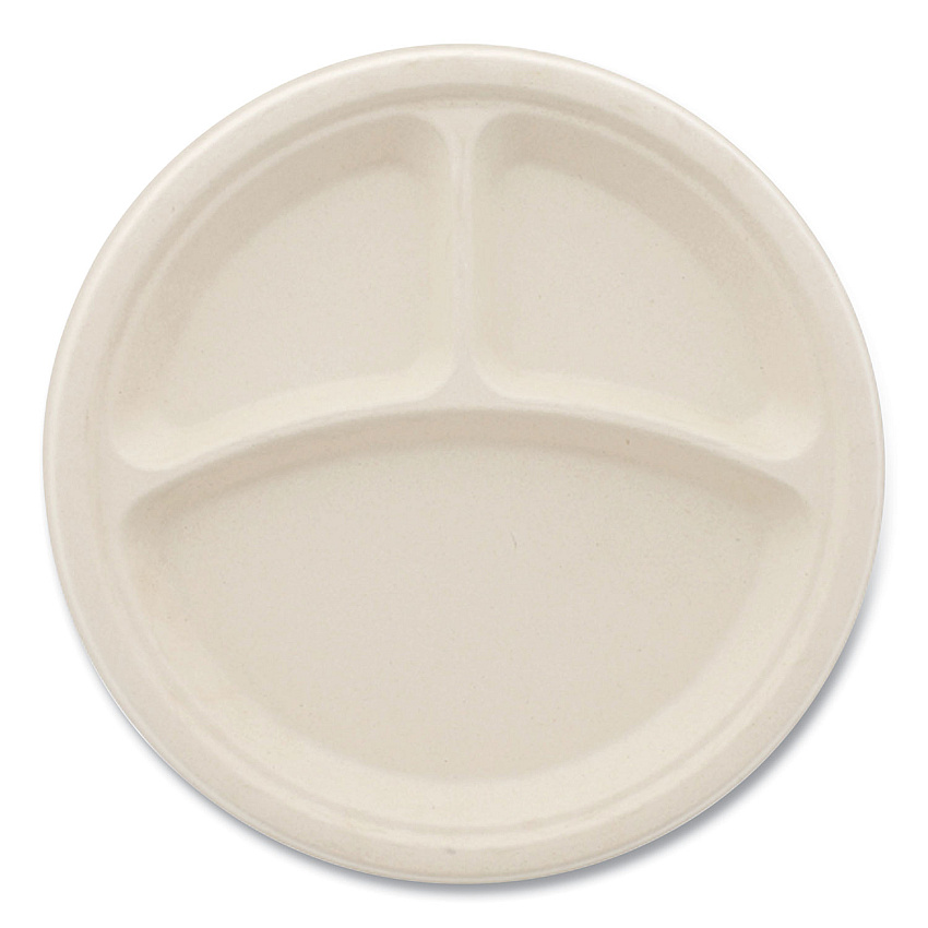 Boardwalk&reg; Bagasse Plate, 10" dia, 3-Compartment, White, 500/CT (BWKPLT3C10NPFA)