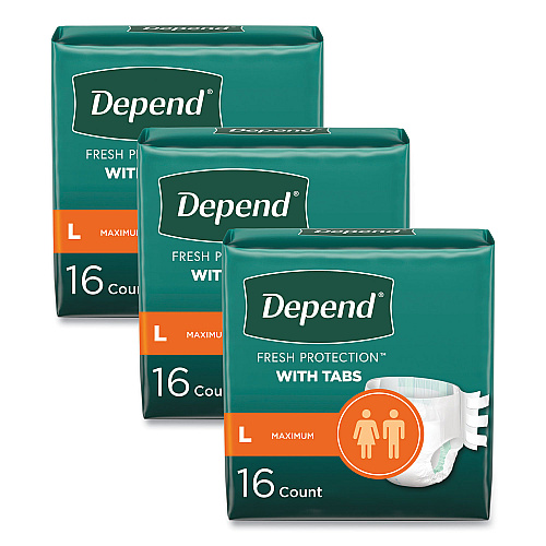 Depend Incontinence Protection with Tabs, 35" to 49" Waist, 16/Pack, 3 Packs/Carton (35458)