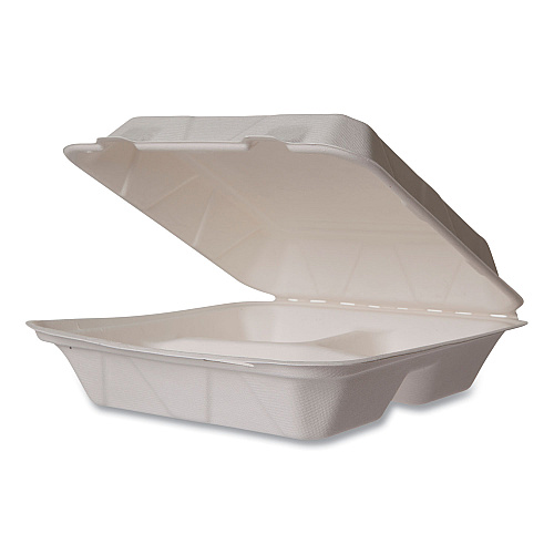 Vegware Nourish Molded Fiber Takeout Containers, Compostable, 3-Compartment, 5 x 9 x 2, White, Sugarcane, 200/Carton (WH93HW)