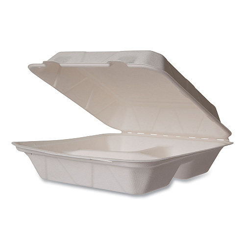 Vegware White Molded Fiber Clamshell Containers, Compostable, 3-Compartment, 9 x 18 x 2, White, Sugarcane, 200/Carton (WHBRG93HW)