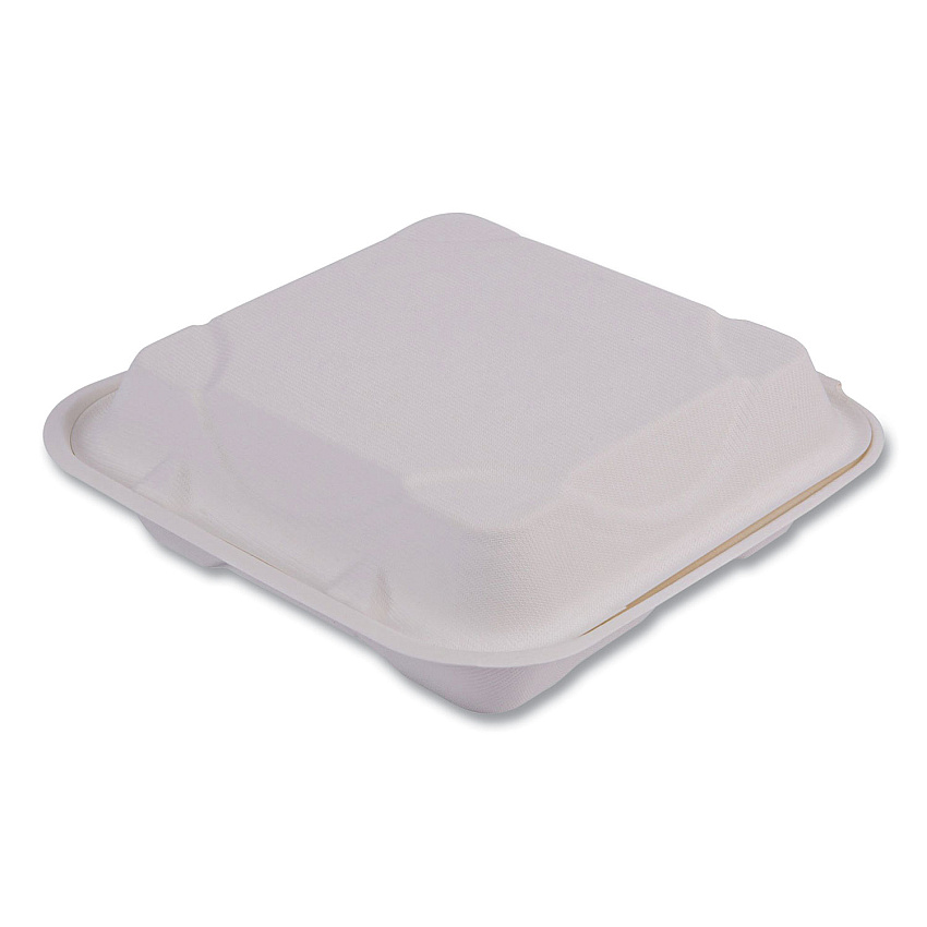 Eco-Products Bagasse Hinged Clamshell Containers, 3-Compartment, 9 x 9 x 3, White, Sugarcane, 50/Pack, 4 Packs/Carton (EPHC93)