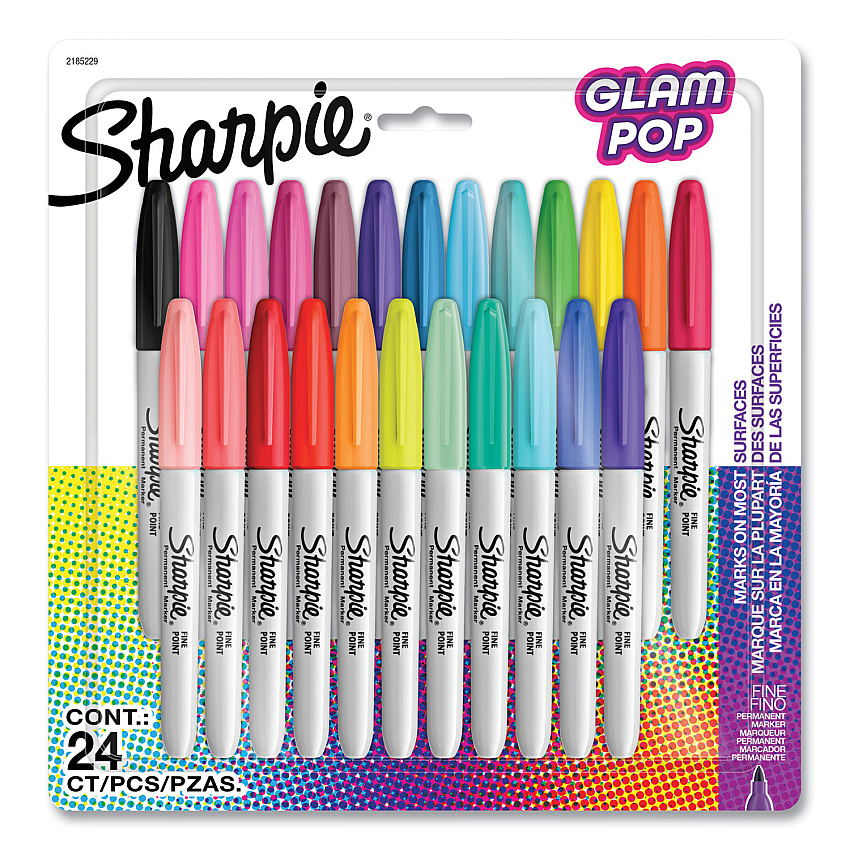 Sharpie Fine Tip Permanent Marker, Fine Bullet Tip, Assorted 80s Glam Colors, 24/Pack (2185229)