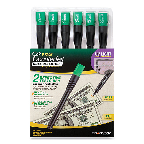Dri Mark Counterfeit Money Detection System, UV Light; Watermark Detector; Color Change Ink, U.S. Currency, 0.8 x 0.8 x 6, Black/Green (351UV6)