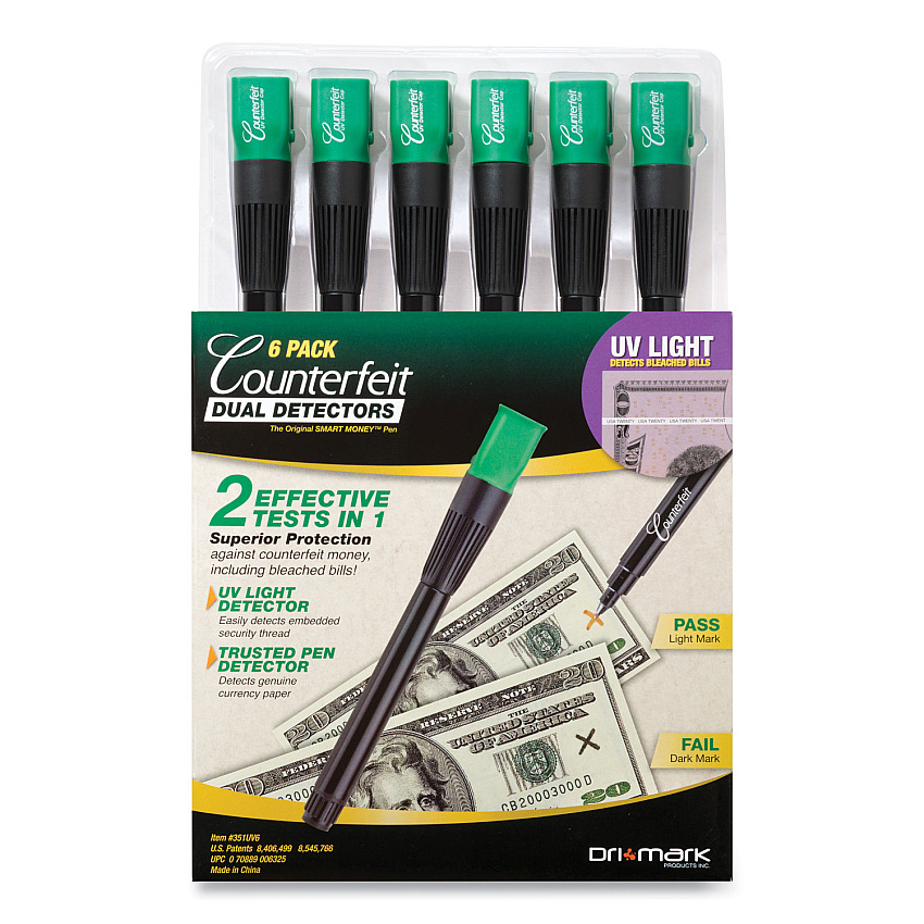 Dri Mark Counterfeit Money Detection System, UV Light; Watermark Detector; Color Change Ink, U.S. Currency, 0.8 x 0.8 x 6, Black/Green (351UV6)