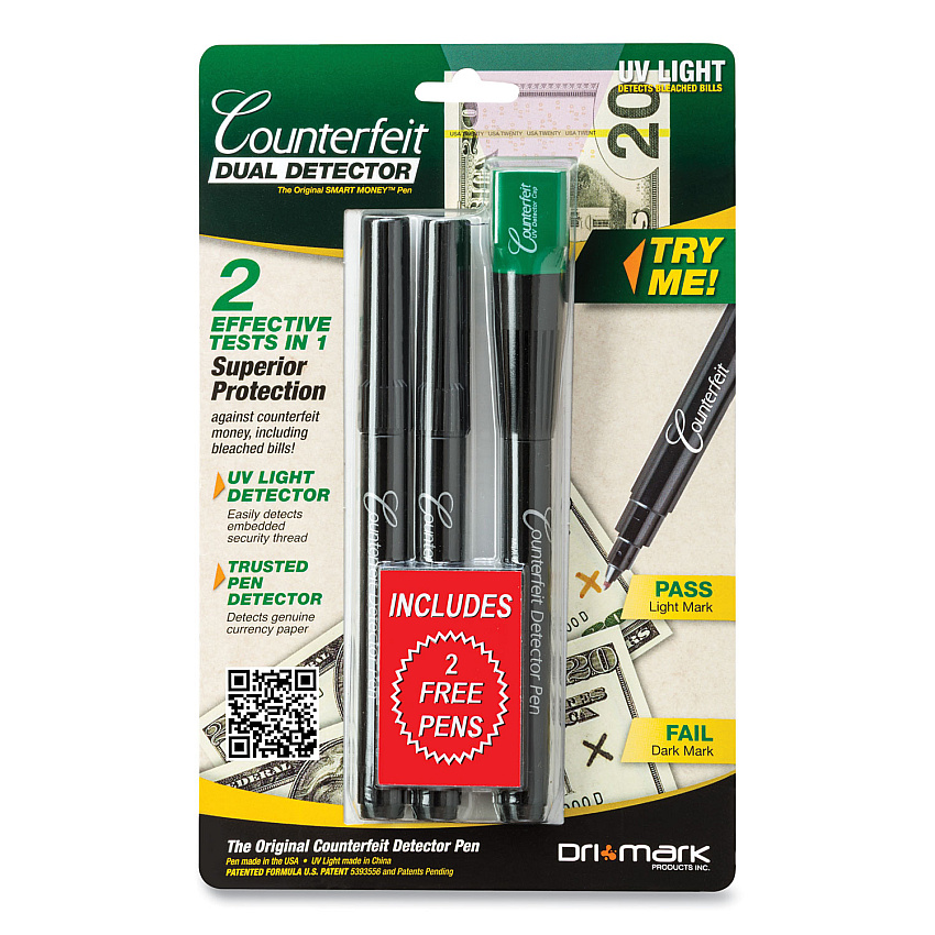 Dri Mark Smart Money Counterfeit Detector Pen with Reusable UV LED Light, U.S.; Most Foreign Currencies, Black (351UVB)