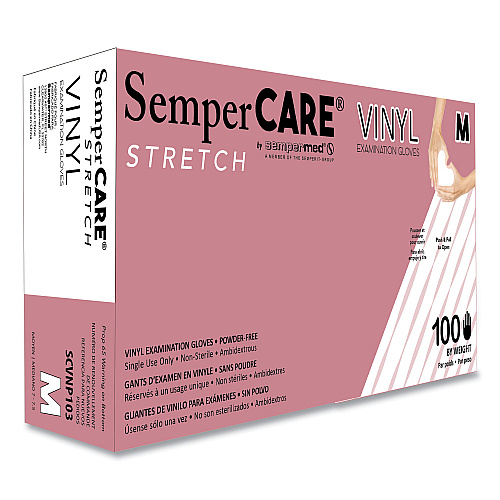 SemperCare Stretch Vinyl Examination Gloves, Cream, Medium, 100/Box (SCVNP103BX)