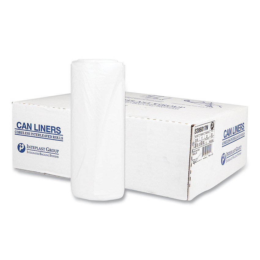 Inteplast Group High-Density Commercial Can Liners, 60 gal, 17 mic, 38" x 60", Clear, Interleaved Roll, 25 Bags/Roll, 8 Rolls/Carton (S386017N)