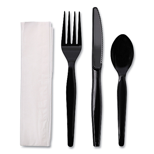 Boardwalk Four-Piece Cutlery Kit, Fork/Knife/Napkin/Teaspoon, Heavyweight, Black, 250/Carton (BWKFKTNHWPSBLA)