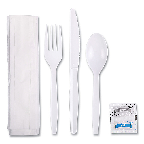 Boardwalk Six-Piece Cutlery Kit, Condiment/Fork/Knife/Napkin/Teaspoon, White, 250/Carton (BWKFKTNSMWPSWH)