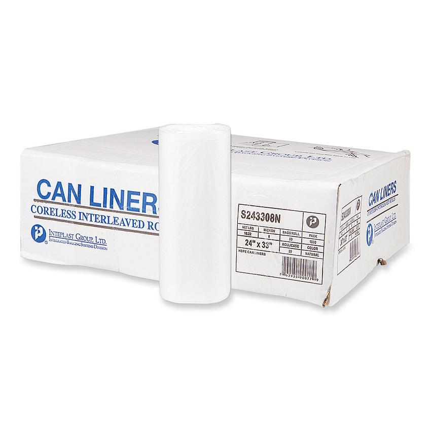 Inteplast Group High-Density Commercial Can Liners, 16 gal, 8 mic, 24" x 33", Natural, Interleaved Roll, 50 Bags/Roll, 20 Rolls/Carton (S243308N)