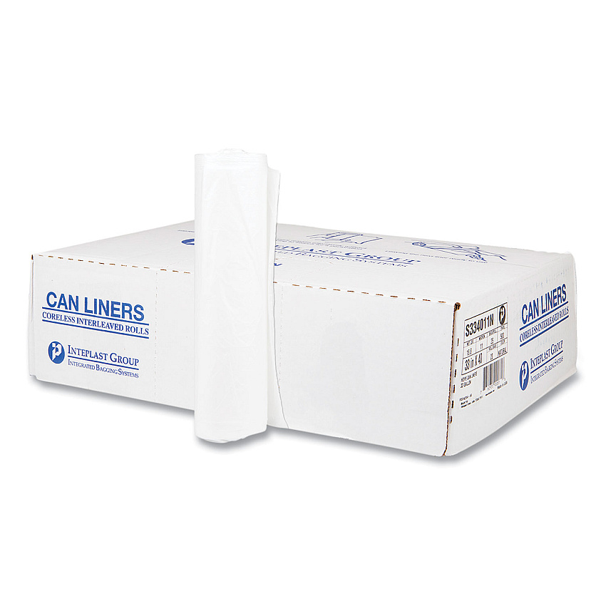 Inteplast Group High-Density Commercial Can Liners, 33 gal, 11 mic, 33" x 40", Clear, Interleaved Roll, 25 Bags/Roll, 20 Rolls/Carton (S334011N)