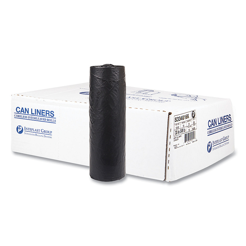 Inteplast Group High-Density Commercial Can Liners, 33 gal, 16 mic, 33" x 40", Black, Interleaved Roll, 25 Bags/Roll, 10 Rolls/Carton (S334016K)