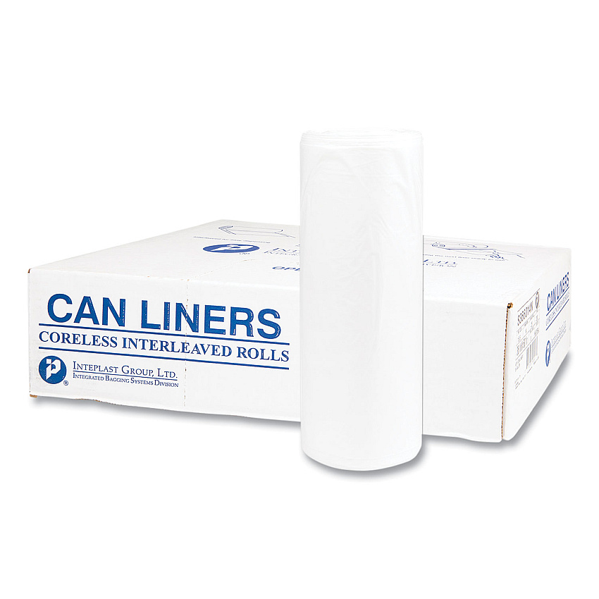 Inteplast Group High-Density Commercial Can Liners, 55 gal, 14 mic, 36" x 60", Clear, Interleaved Roll, 25 Bags/Roll, 8 Rolls/Carton (S366014N)