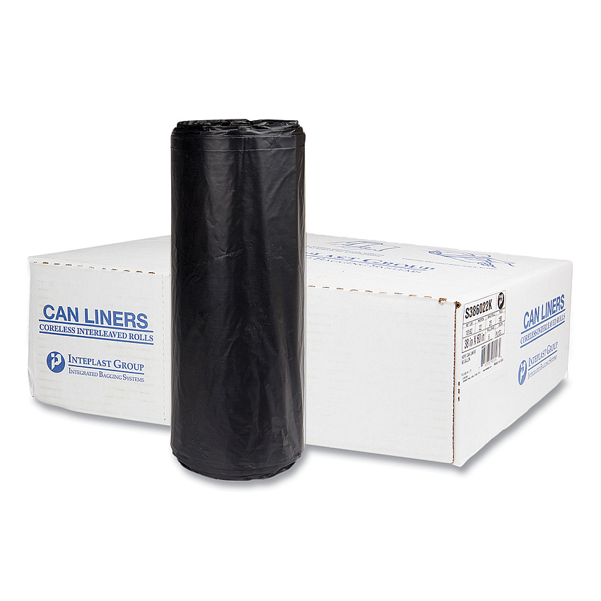 Inteplast Group High-Density Commercial Can Liners, 60 gal, 22 mic, 38" x 60", Black, Interleaved Roll, 25 Bags/Roll, 6 Rolls/Carton (S386022K)