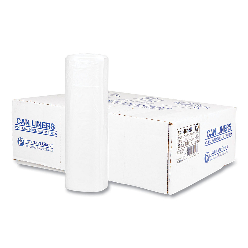 Inteplast Group High-Density Commercial Can Liners, 45 gal, 16 mic, 40" x 48", Clear, Interleaved Roll, 25 Bags/Roll, 10 Rolls/Carton (S404816N)