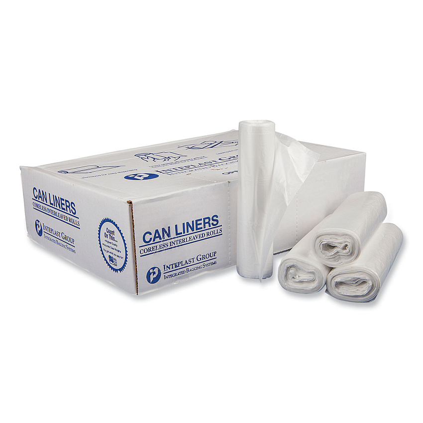 Inteplast Group High-Density Commercial Can Liners, 30 gal, 16 mic, 30" x 37", Clear, Interleaved Roll, 25 Bags/Roll, 20 Rolls/Carton (S303716N)