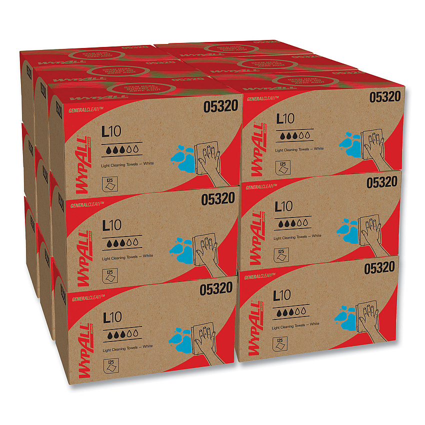 WypAll L10 Towels, POP-UP Box, 1-Ply, 9 x 10.5, White, 125/Box, 18 Boxes/Carton (05320)